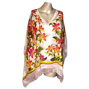 SUSAN GRAVER 3X Kimono Poncho Scarf Blouse Floral Beach Hawaiian
